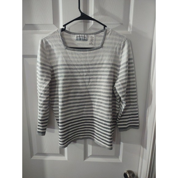 Alfred Dunner Sweater Petite Size PM Silver And White Stripes Sparkle - Picture 1 of 8